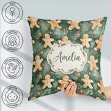 Custom Name Cute Gingerbread Cookies on Green Festive Background Square Filled Cushion Throw Pillow Sofa Bed Home Decor Zip Washable UK Made