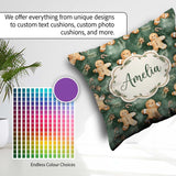 Custom Name Cute Gingerbread Cookies on Green Festive Background Square Filled Cushion Throw Pillow Sofa Bed Home Decor Zip Washable UK Made