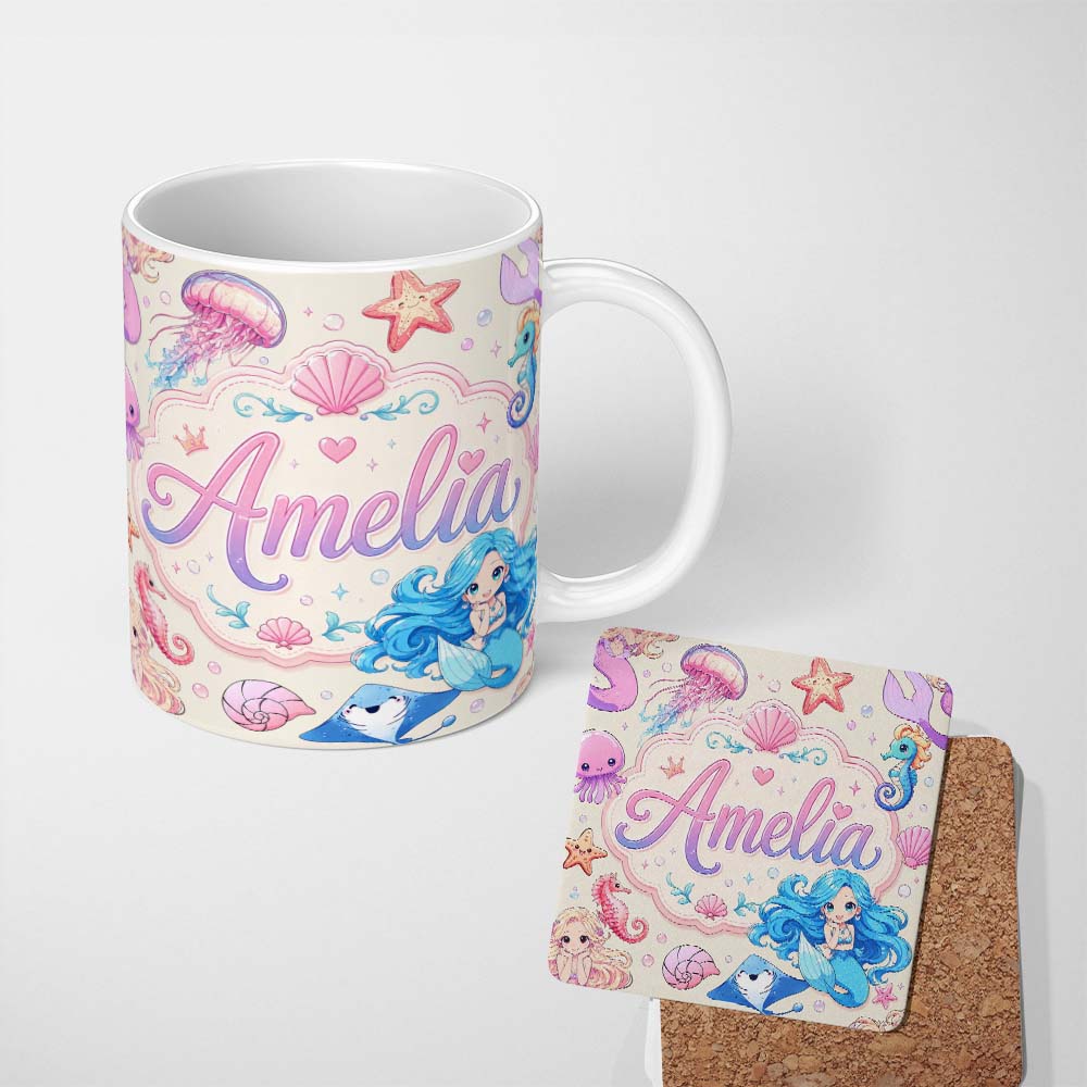 Personalized Custom Name Cute Blue Hair Mermaid Jellyfish Seahorse and Ocean Creatures Lovely 11oz Ceramic Coffee Tea Mug White Large Handle
