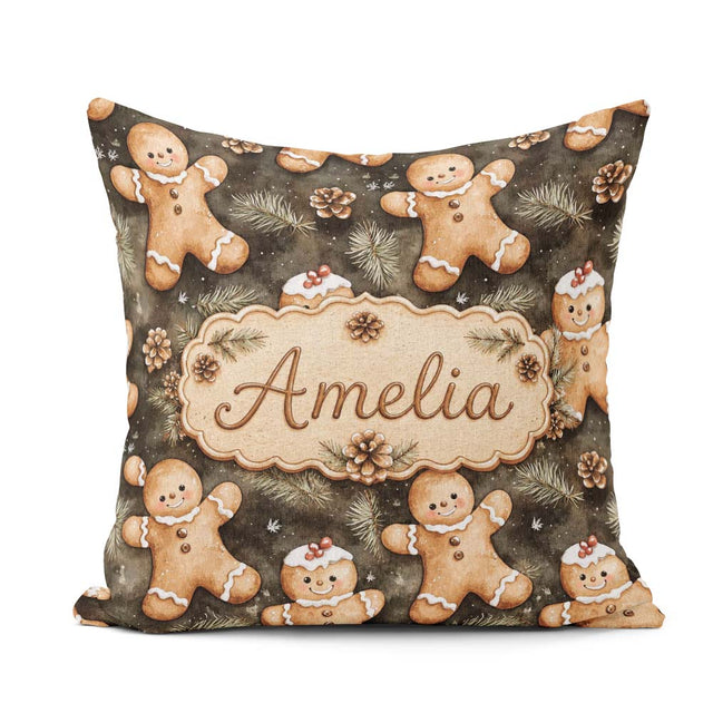 Custom Name Gingerbread with Pinecones and Fir Branches Seamless Square Filled Cushion Throw Pillow Sofa Bed Home Decor Zip Washable UK Made