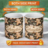 Personalized Custom Name Cute Gingerbread Cookies with Pinecones and Fir Branches Seamless 11oz Ceramic Coffee Tea Mug White Large Handle