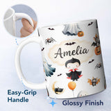 Personalized Custom Name Cute Halloween Dracula Ghost Bats on Light Grey Background Seamless 11oz Ceramic Coffee Tea Mug White Large Handle