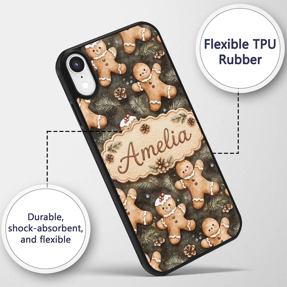 Cute Gingerbread Cookies with Pinecones and Fir Custom Name Protective Phone Case Mobile Cover Durable Everyday Smartphone Shock Resistant