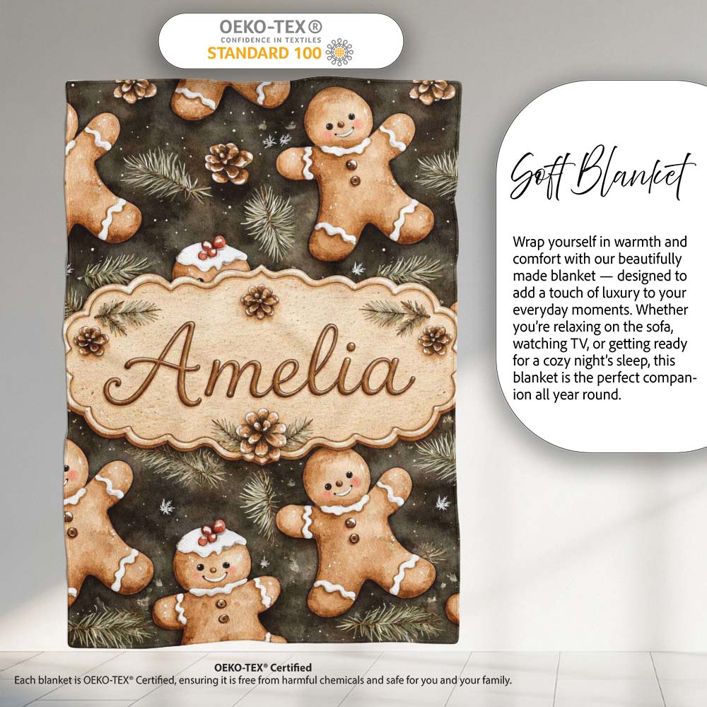 Cute Gingerbread Cookies with Pinecones and Fir Branches Seamless  Personalised Custom Name Super Soft Fleece Blanket Bed Sofa Throw