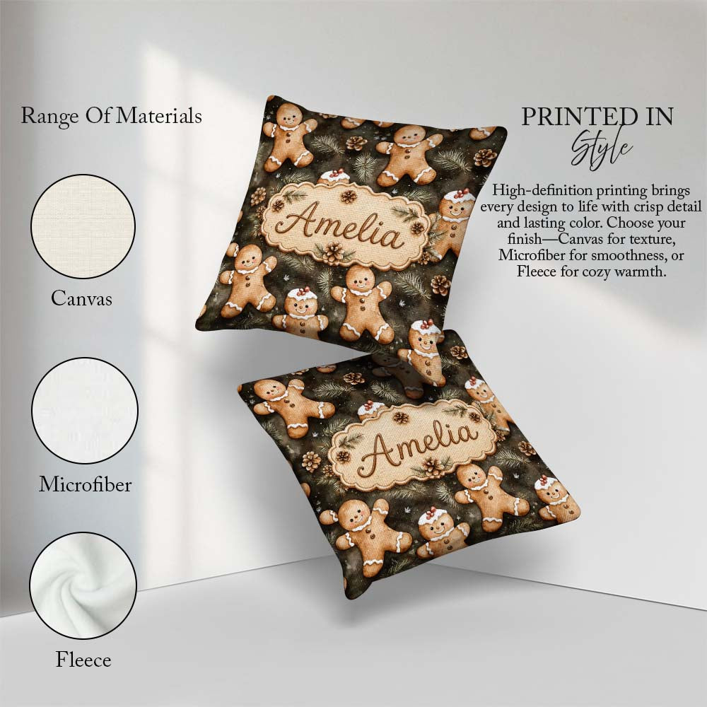 Custom Name Gingerbread with Pinecones and Fir Branches Seamless Square Filled Cushion Throw Pillow Sofa Bed Home Decor Zip Washable UK Made