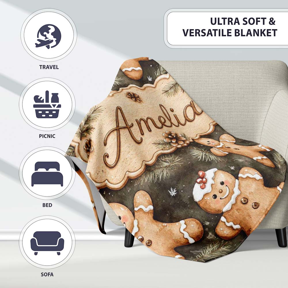 Cute Gingerbread Cookies with Pinecones and Fir Branches Seamless  Personalised Custom Name Super Soft Fleece Blanket Bed Sofa Throw