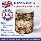 Personalized Custom Name Cute Gingerbread Cookies with Pinecones and Fir Branches Seamless 11oz Ceramic Coffee Tea Mug White Large Handle