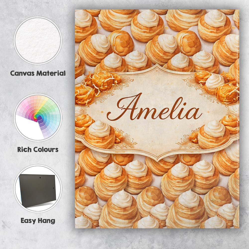 Personalised Name Cream Puff Pastry Dessert Seamless Pattern Perfect Custom  Home Canvas Wall Art Print Decor Picture Ready to Hang