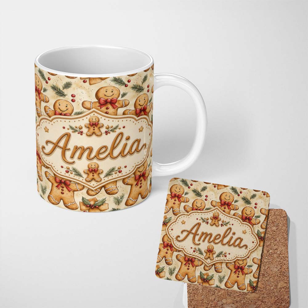 Personalized Custom Name Cute Gingerbread Cookies with Red Bows and Holly Leaves Seamless 11oz Ceramic Coffee Tea Mug White Large Handle
