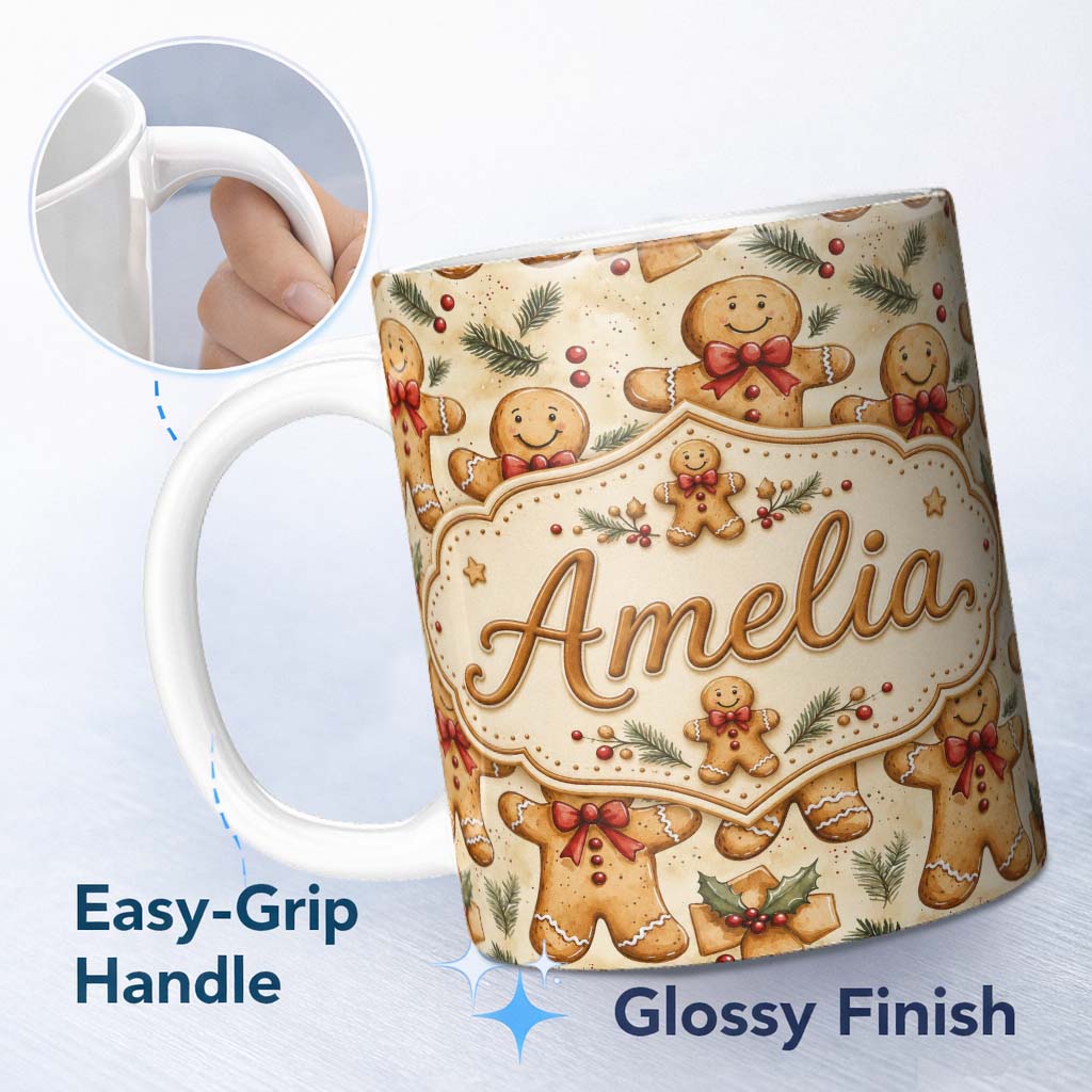 Personalized Custom Name Cute Gingerbread Cookies with Red Bows and Holly Leaves Seamless 11oz Ceramic Coffee Tea Mug White Large Handle
