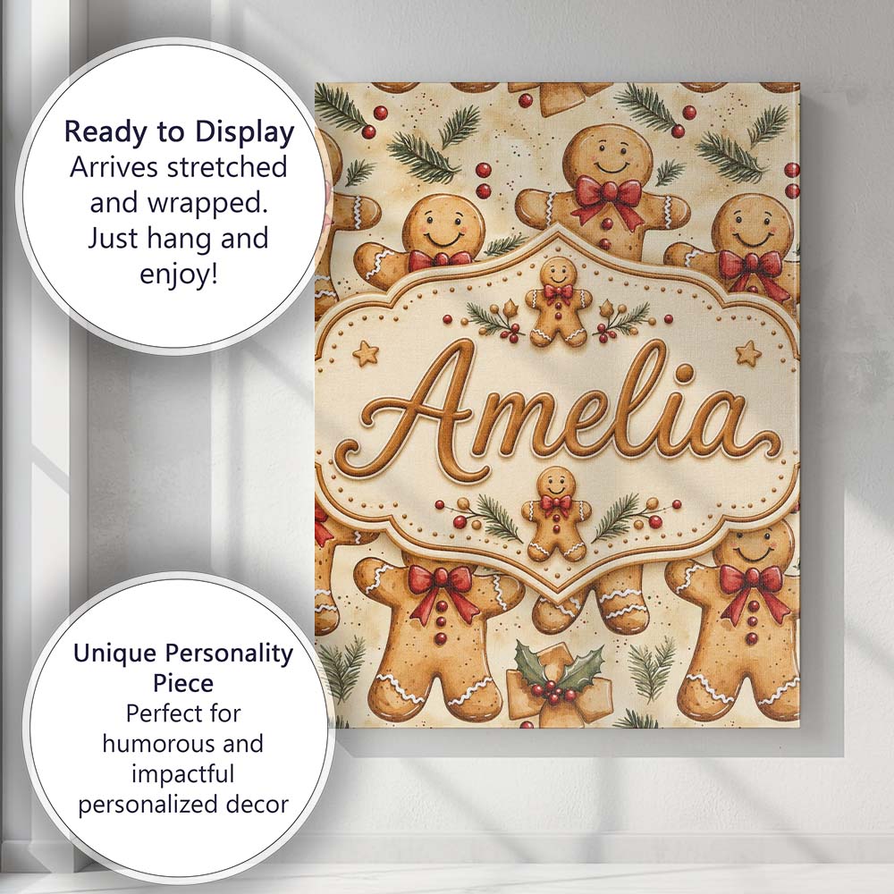 Personalised Name Cute Gingerbread Cookies Custom  Unique Gift Idea Elegant Feature Canvas Wall Art Print Decor Picture Ready to Hang