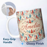 Personalized Custom Name Red and Blue Floral Stripe Pattern on Textured Neutral Background 11oz Ceramic Coffee Tea Mug White Large Handle