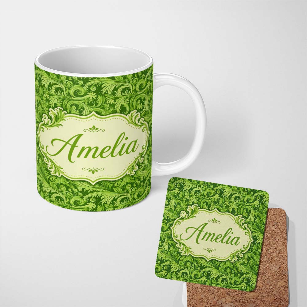Personalized Custom Name Deep Green Baroque Ornamental Scroll Seamless Pattern Lovely 11oz Ceramic Coffee Tea Mug White Large Handle