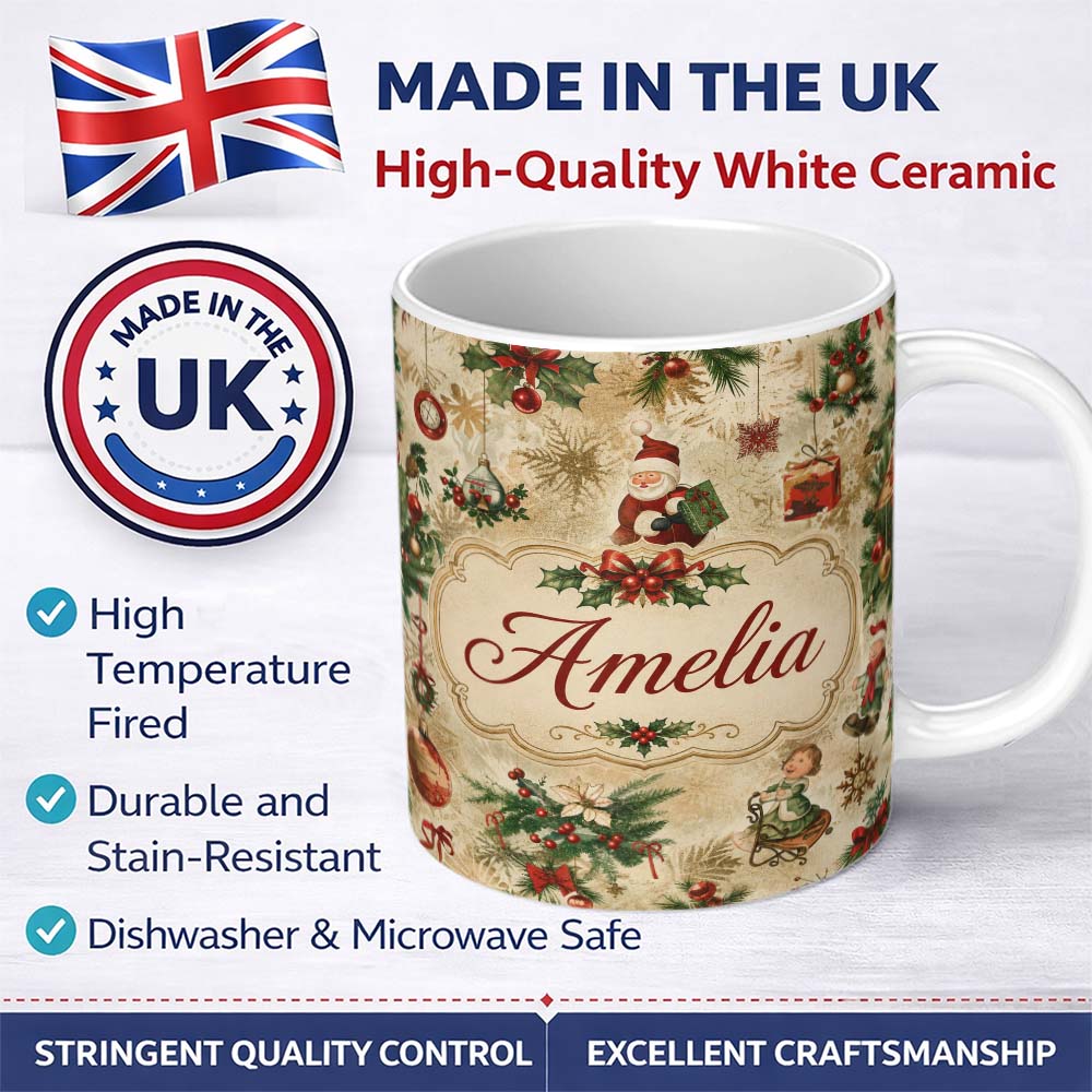 Personalized Custom Name Vintage Christmas Santa Children Holly Ornaments Snowflakes Festive 11oz Ceramic Coffee Tea Mug White Large Handle