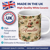 Personalized Custom Name Vintage Christmas Santa Children Holly Ornaments Snowflakes Festive 11oz Ceramic Coffee Tea Mug White Large Handle