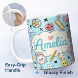 Personalized Custom Name Cute Kawaii School Cat Books Apple Clock Supplies Pattern Blue 11oz Ceramic Coffee Tea Mug White Large Handle
