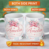 Personalized Custom Name Cute Watercolor Roses Bouquet with Red Ribbon Gingham Blue Lovely 11oz Ceramic Coffee Tea Mug White Large Handle