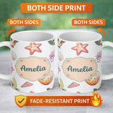 Personalized Custom Name Cute Kawaii Sea Turtle Starfish Shells Ocean Friends Light Grey 11oz Ceramic Coffee Tea Mug White Large Handle