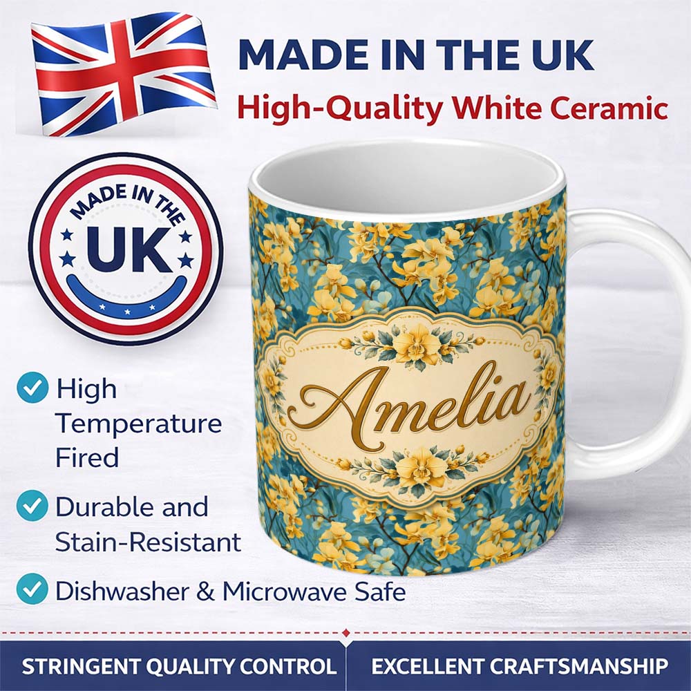 Personalized Custom Name Golden Orchid Bloom on Teal Background Elegant Floral Pattern Lovely 11oz Ceramic Coffee Tea Mug White Large Handle
