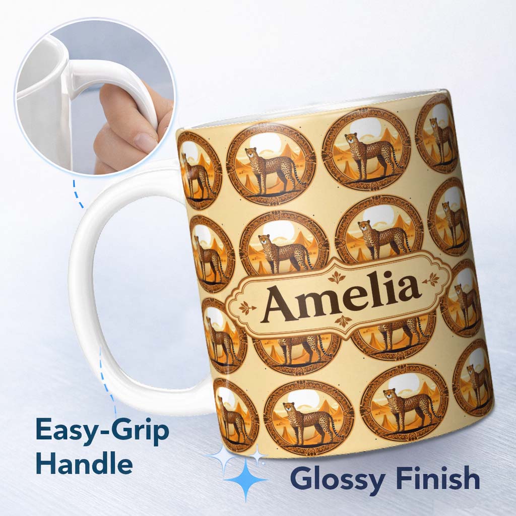 Personalized Custom Name Ornate Desert Cheetah Medallion Tribal Frame Seamless Pattern Lovely 11oz Ceramic Coffee Tea Mug White Large Handle