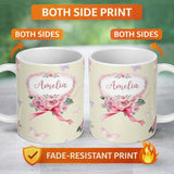 Personalized Custom Name Cute Watercolor Roses Bouquet with Red Ribbon Soft Olive Background 11oz Ceramic Coffee Tea Mug White Large Handle