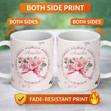 Personalized Custom Name Cute Watercolor Roses Bouquet with Red Ribbon Light Pink Background 11oz Ceramic Coffee Tea Mug White Large Handle