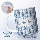 Personalized Custom Name Blue Tropical Botanical Grunge Texture Seamless Pattern Lovely 11oz Ceramic Coffee Tea Mug White Large Handle