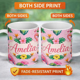 Personalized Custom Name Tropical Flamingo Bird with Exotic Flowers Leaves Pattern Soft Pink 11oz Ceramic Coffee Tea Mug White Large Handle