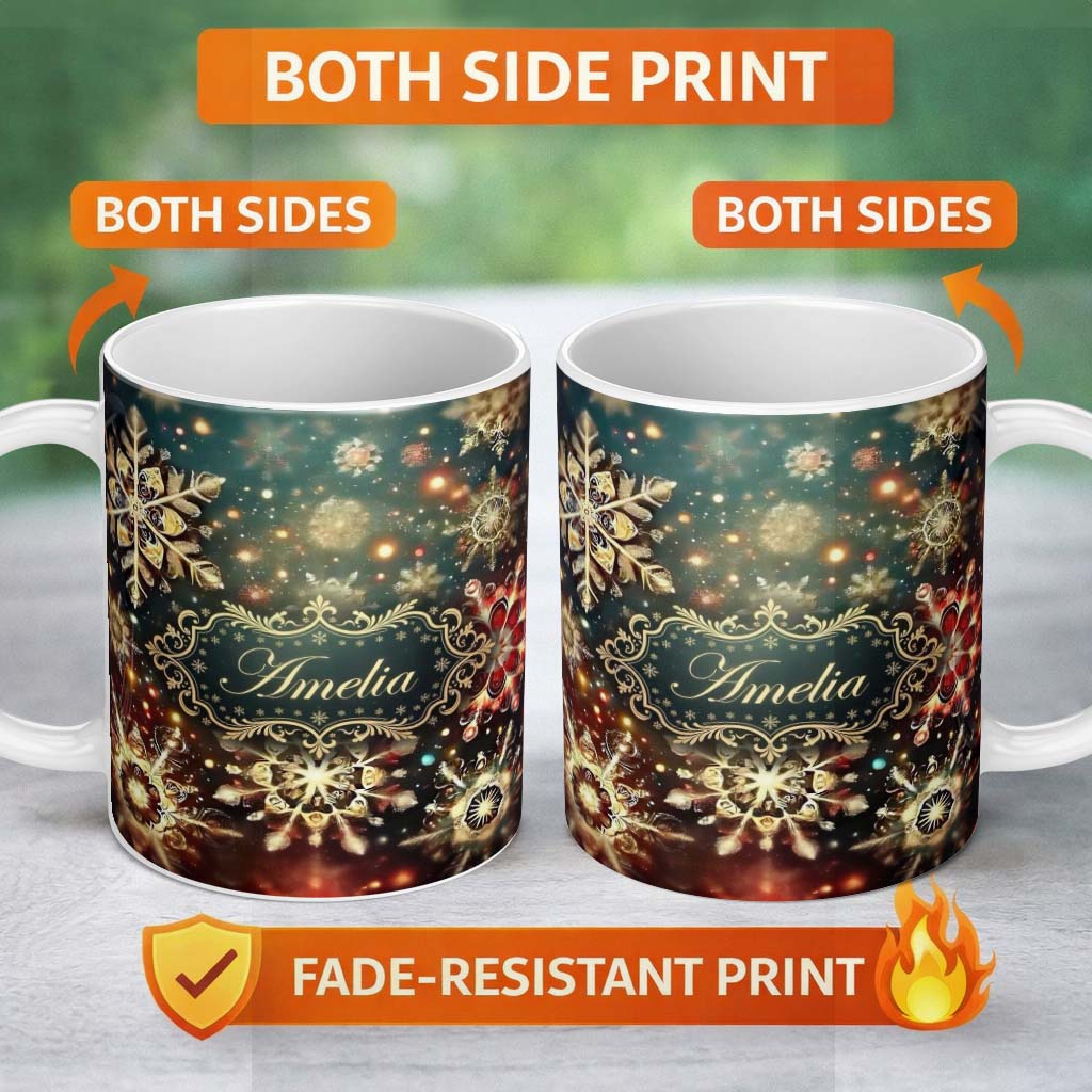 Personalized Custom Name Christmas Snowflake Glitter Seamless Pattern Charming Kitchen Decor 11oz Ceramic Coffee Tea Mug White Large Handle
