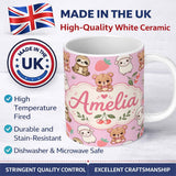 Personalized Custom Name Cute Baby Animals Bear Sheep Sloth Strawberry Cherry Pink Background 11oz Ceramic Coffee Tea Mug White Large Handle