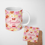 Personalized Custom Name Cute Cherry Bow Daisy Heart on Pink and Yellow Gingham Background 11oz Ceramic Coffee Tea Mug White Large Handle