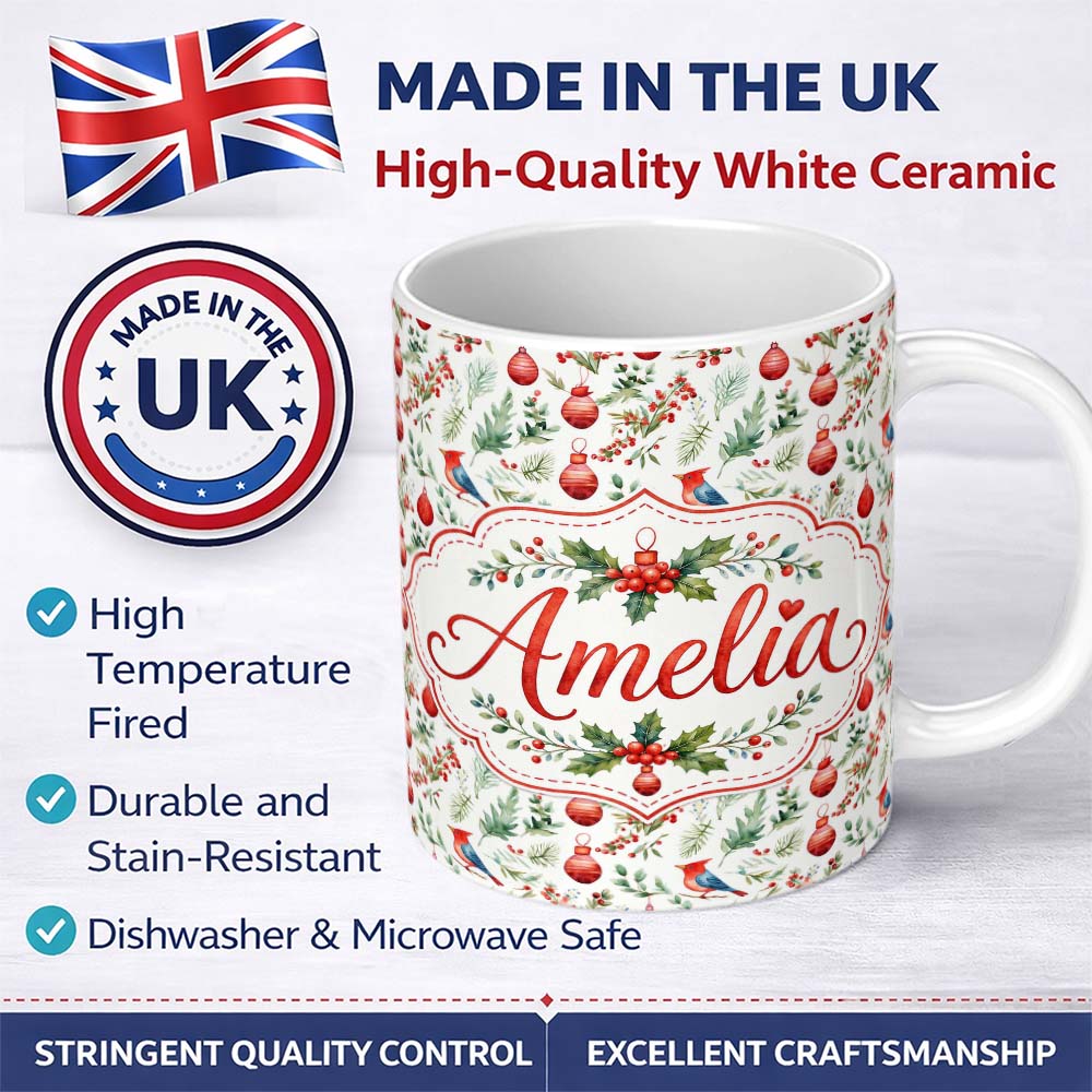 Personalized Custom Name Watercolor Christmas Birds Baubles Holly Leaves Festive Seamless 11oz Ceramic Coffee Tea Mug White Large Handle