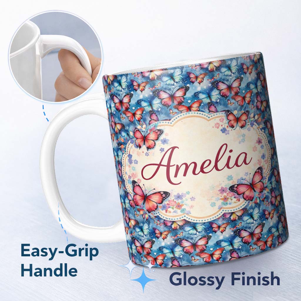 Personalized Custom Name Vibrant Butterflies on Deep Blue Watercolor Background Seamless 11oz Ceramic Coffee Tea Mug White Large Handle