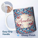 Personalized Custom Name Vibrant Butterflies on Deep Blue Watercolor Background Seamless 11oz Ceramic Coffee Tea Mug White Large Handle