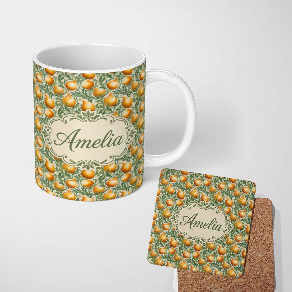 Personalized Custom Name Ornate Golden Onion Vine Pattern Classic Botanical Illustration 11oz Ceramic Coffee Tea Mug White Large Handle