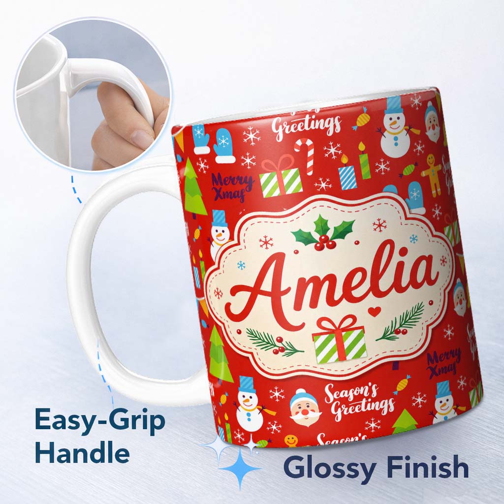 Personalized Custom Name Merry Christmas Santa Snowman Candy Greeting Seamless Pattern Lovely 11oz Ceramic Coffee Tea Mug White Large Handle
