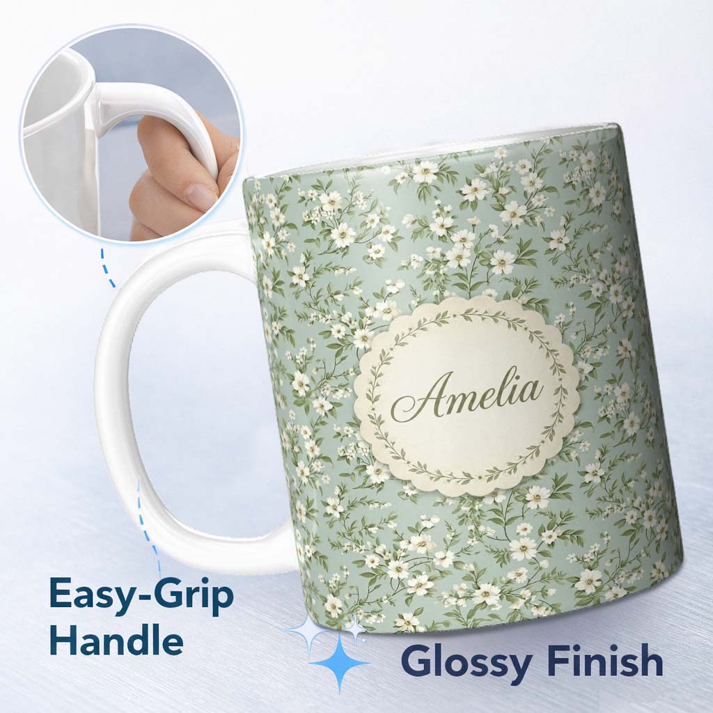 Personalized Custom Name Elegant White Floral Branches on Soft Blue Seamless Pattern Lovely 11oz Ceramic Coffee Tea Mug White Large Handle