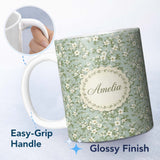 Personalized Custom Name Elegant White Floral Branches on Soft Blue Seamless Pattern Lovely 11oz Ceramic Coffee Tea Mug White Large Handle