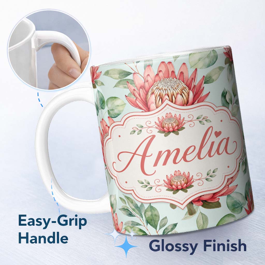 Personalized Custom Name Coral Protea Flowers on Soft Mint Background Seamless Botanical 11oz Ceramic Coffee Tea Mug White Large Handle
