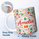 Personalized Custom Name Cute Snowman Christmas Tree Bauble Gift Seamless Pattern Lovely 11oz Ceramic Coffee Tea Mug White Large Handle