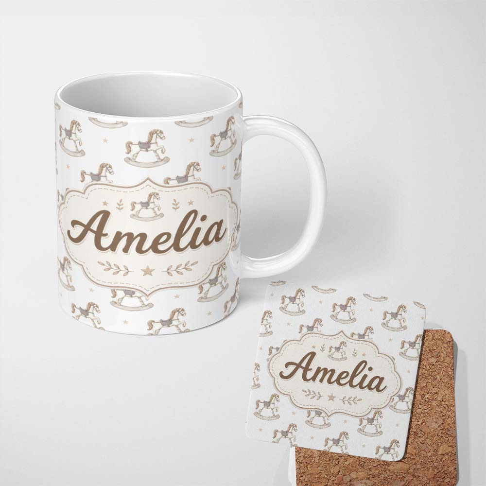 Personalized Custom Name Vintage Wooden Rocking Horse Seamless Pattern on Soft Neutral Lovely 11oz Ceramic Coffee Tea Mug White Large Handle