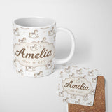 Personalized Custom Name Vintage Wooden Rocking Horse Seamless Pattern on Soft Neutral Lovely 11oz Ceramic Coffee Tea Mug White Large Handle