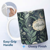Personalized Custom Name Wild Botanical Floral Moon Night Garden Seamless Pattern Lovely 11oz Ceramic Coffee Tea Mug White Large Handle