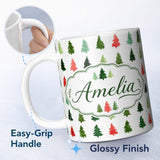 Personalized Custom Name Watercolor Christmas Tree Pattern Green and Red Festive Seamless 11oz Ceramic Coffee Tea Mug White Large Handle