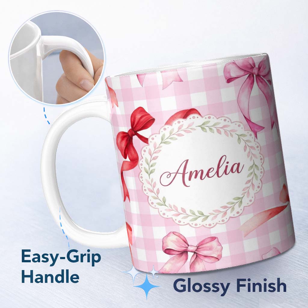 Personalized Custom Name Watercolor Red and Pink Ribbon Bows Pink Gingham Check Background 11oz Ceramic Coffee Tea Mug White Large Handle