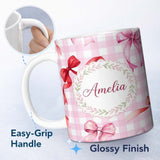 Personalized Custom Name Watercolor Red and Pink Ribbon Bows Pink Gingham Check Background 11oz Ceramic Coffee Tea Mug White Large Handle