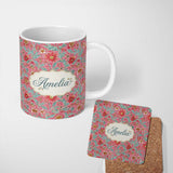 Personalized Custom Name Vintage Floral Pattern with Blue Leaves and Pink Flowers Seamless 11oz Ceramic Coffee Tea Mug White Large Handle