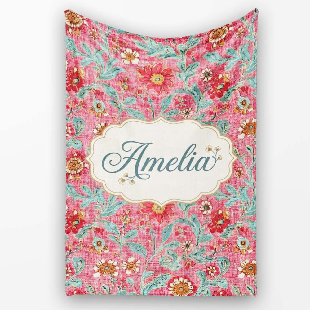 Vintage Floral Pattern with Blue Leaves and Pink Flowers Seamless  Personalised Custom Name Super Soft Fleece Blanket Bed Sofa Throw