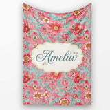 Vintage Floral Pattern with Blue Leaves and Pink Flowers Seamless  Personalised Custom Name Super Soft Fleece Blanket Bed Sofa Throw