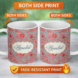 Personalized Custom Name Vintage Floral Pattern with Blue Leaves and Pink Flowers Seamless 11oz Ceramic Coffee Tea Mug White Large Handle